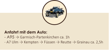 Anfahrt mit dem Auto: - A95 → Garmisch-Partenkirchen ca. 1h - A7 Ulm → Kempten → Füssen → Reutte → Grainau ca. 2,5h